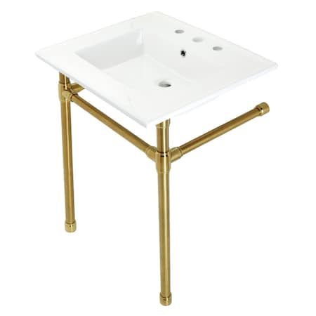 Fauceture KVPB25227W87 Dreyfuss 25" Console Sink W/SS Leg (8", 3 Hole), Wht/Brass KVPB25227W87